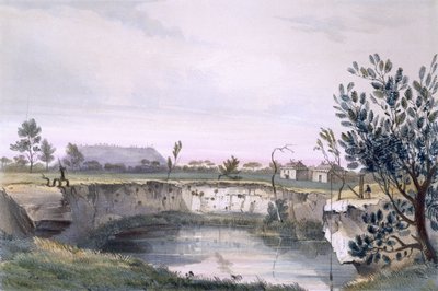 Stazione di Pecore dei Signori Arthur, con uno dei pozzi vulcanici. Monte Schank in lontananza - mattina presto, da 